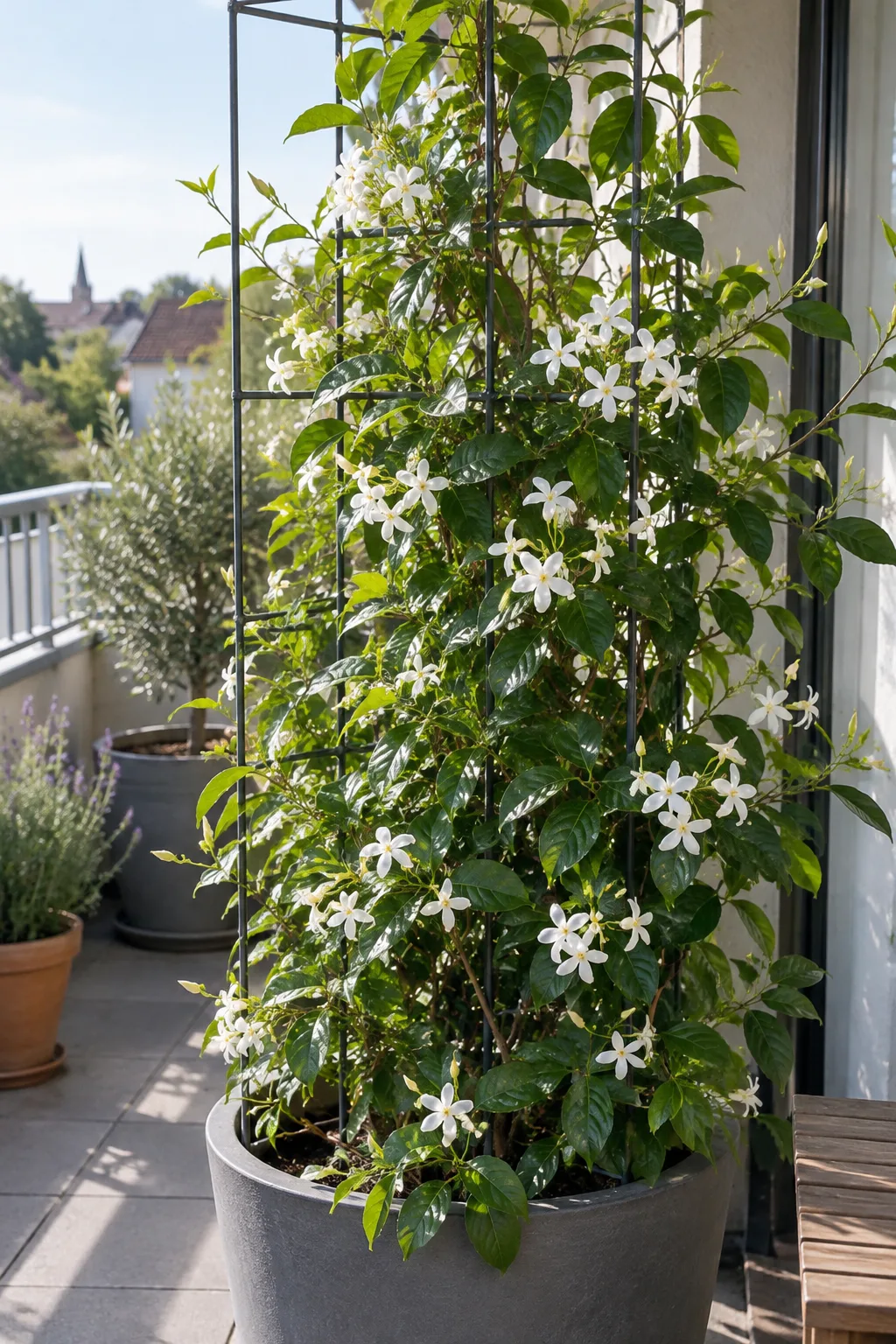 Sternjasmin in einem großen grauen Kübel auf dem Balkon, an einem Metallgitter mit weißen propellerförmigen Blüten