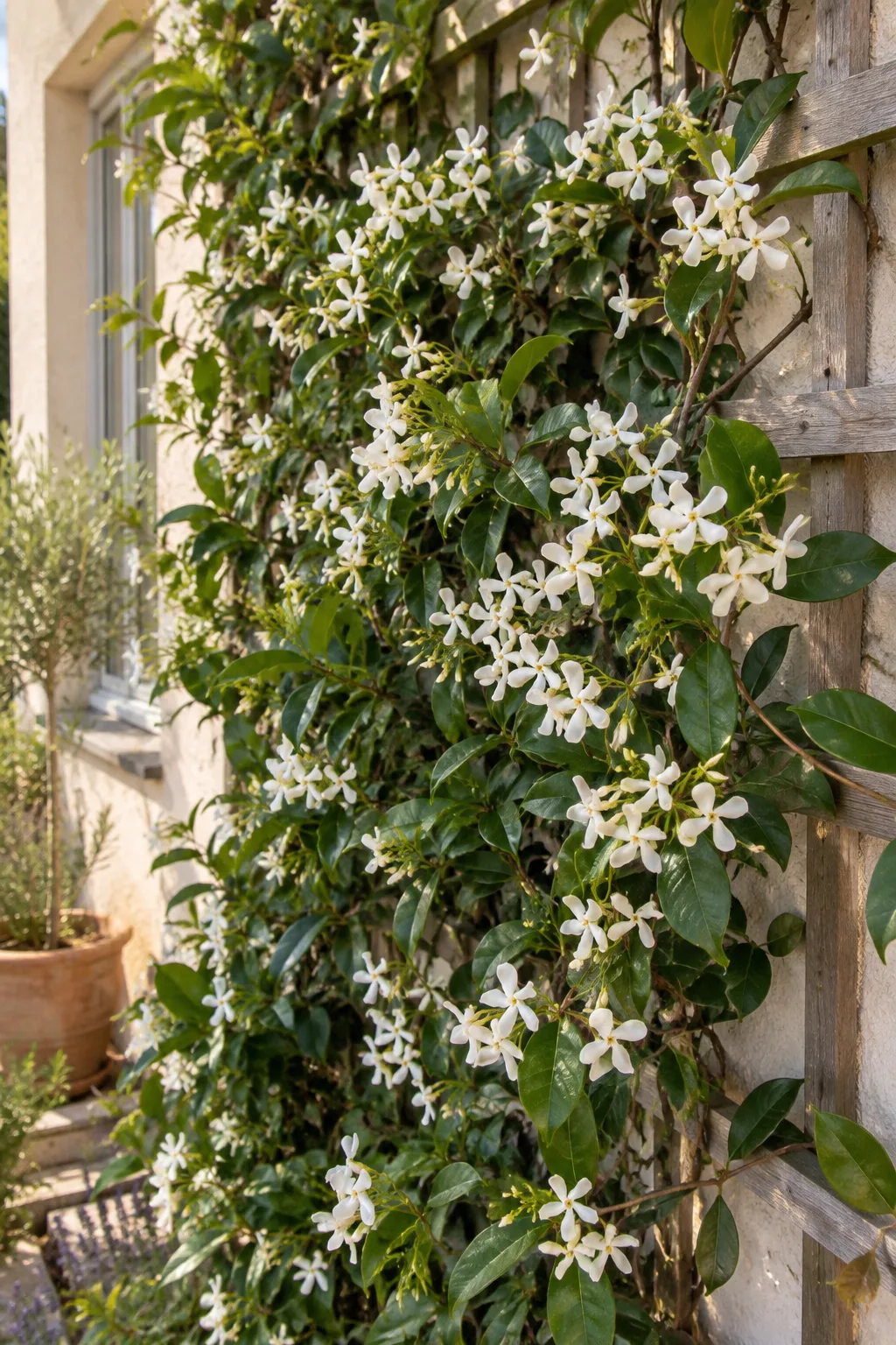 Sternjasmin an einer warmen Hauswand im Sommer, übersät mit kleinen weißen, propellerförmig gedrehten Blüten
