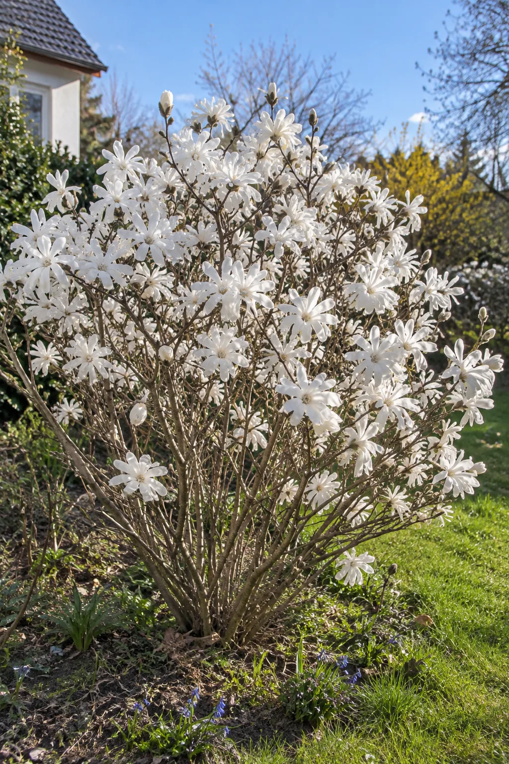 Breiter Strauch einer Sternmagnolie ohne Laub, dicht besetzt mit reinweißen, sternförmigen Blüten mit vielen schmalen Blütenblättern