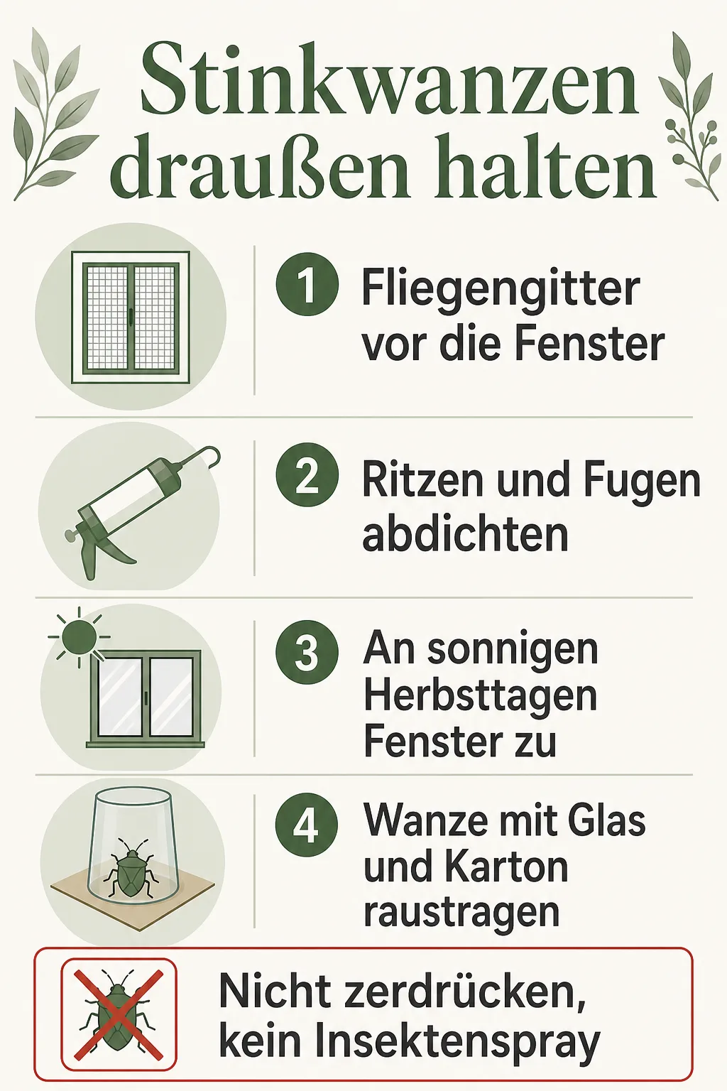 Infografik mit vier Schritten, um Stinkwanzen draußen zu halten