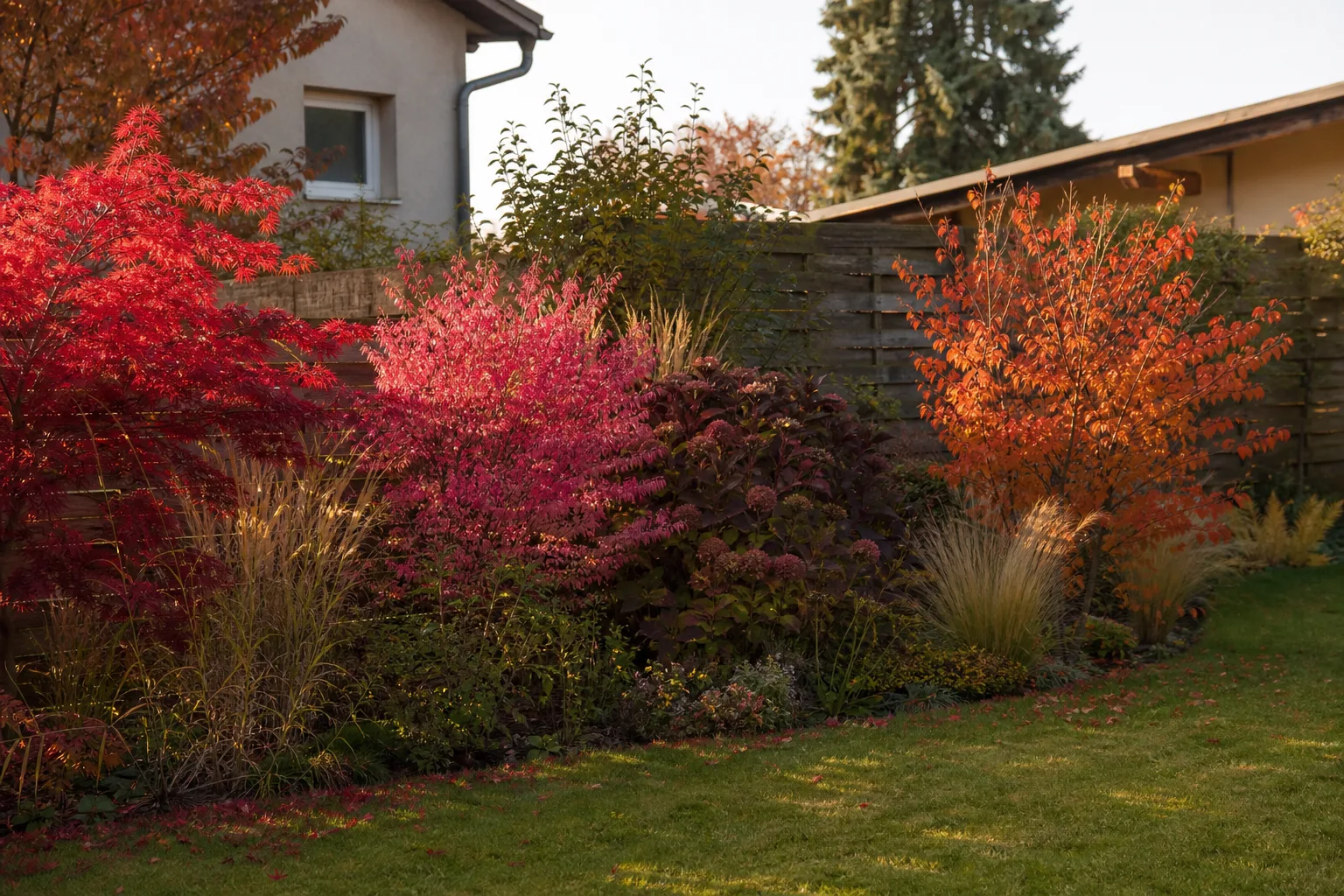 Gartenbeet im Oktober mit scharlachrotem Fächerahorn, pinkrotem Flügel-Spindelstrauch, dunkelroter Hortensie und orangeroter Felsenbirne