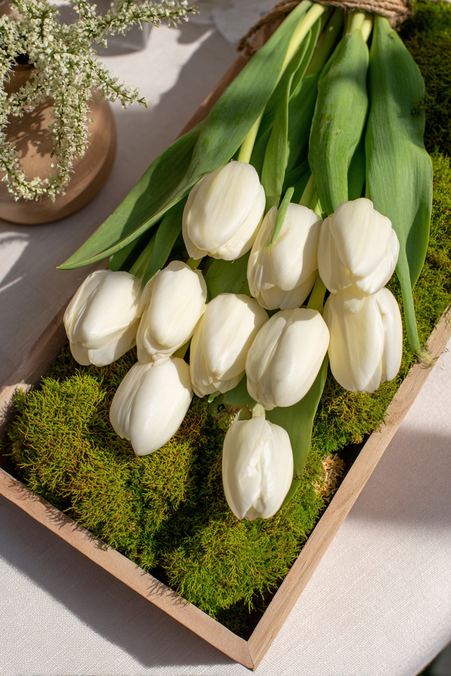 Weißer Tulpenstrauß auf Moos als Tischdeko