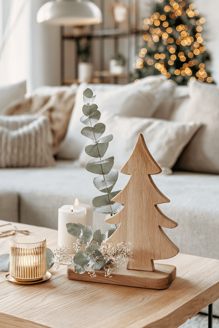 Holz-Tannenbaum mit Eukalyptus und Kerzen auf einem Tisch im weihnachtlich dekorierten Wohnzimmer