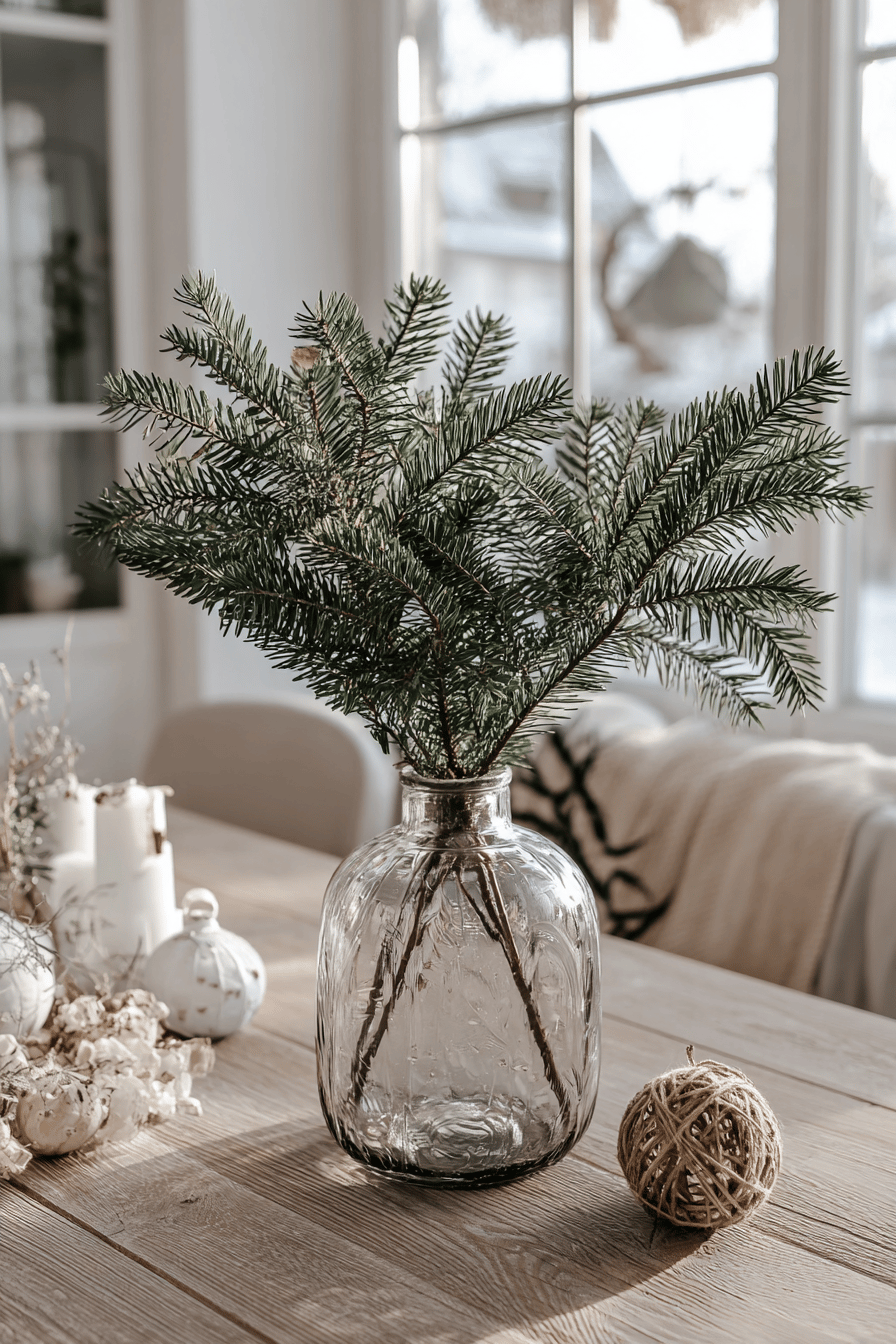 Tannenzweige in einer Glasvase auf einem weihnachtlich dekorierten Holztisch