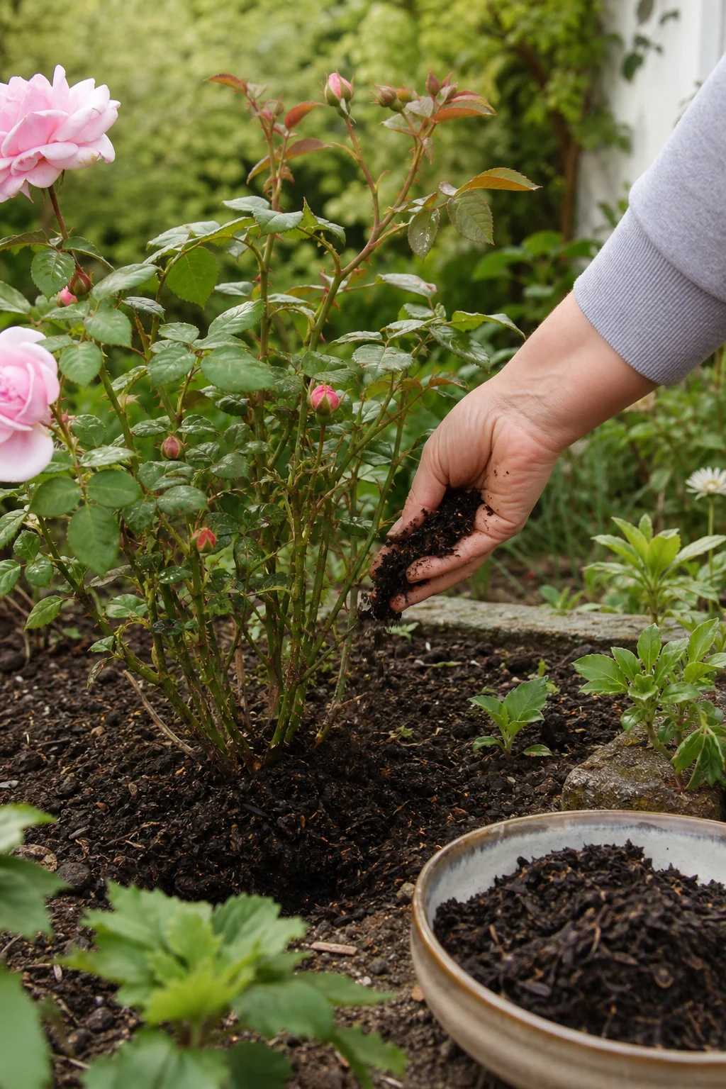 Hand verteilt feuchte Teeblätter als dünne Mulchschicht um den Wurzelbereich einer Rose.