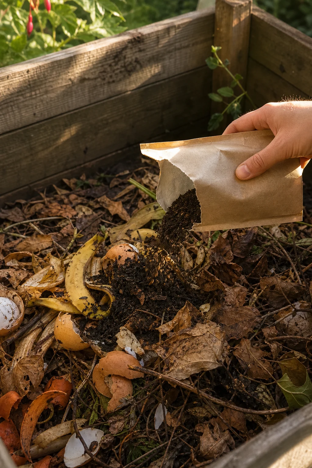 Hand schüttet lose Teeblätter aus einem aufgerissenen Papierbeutel auf einen Komposthaufen im Garten.
