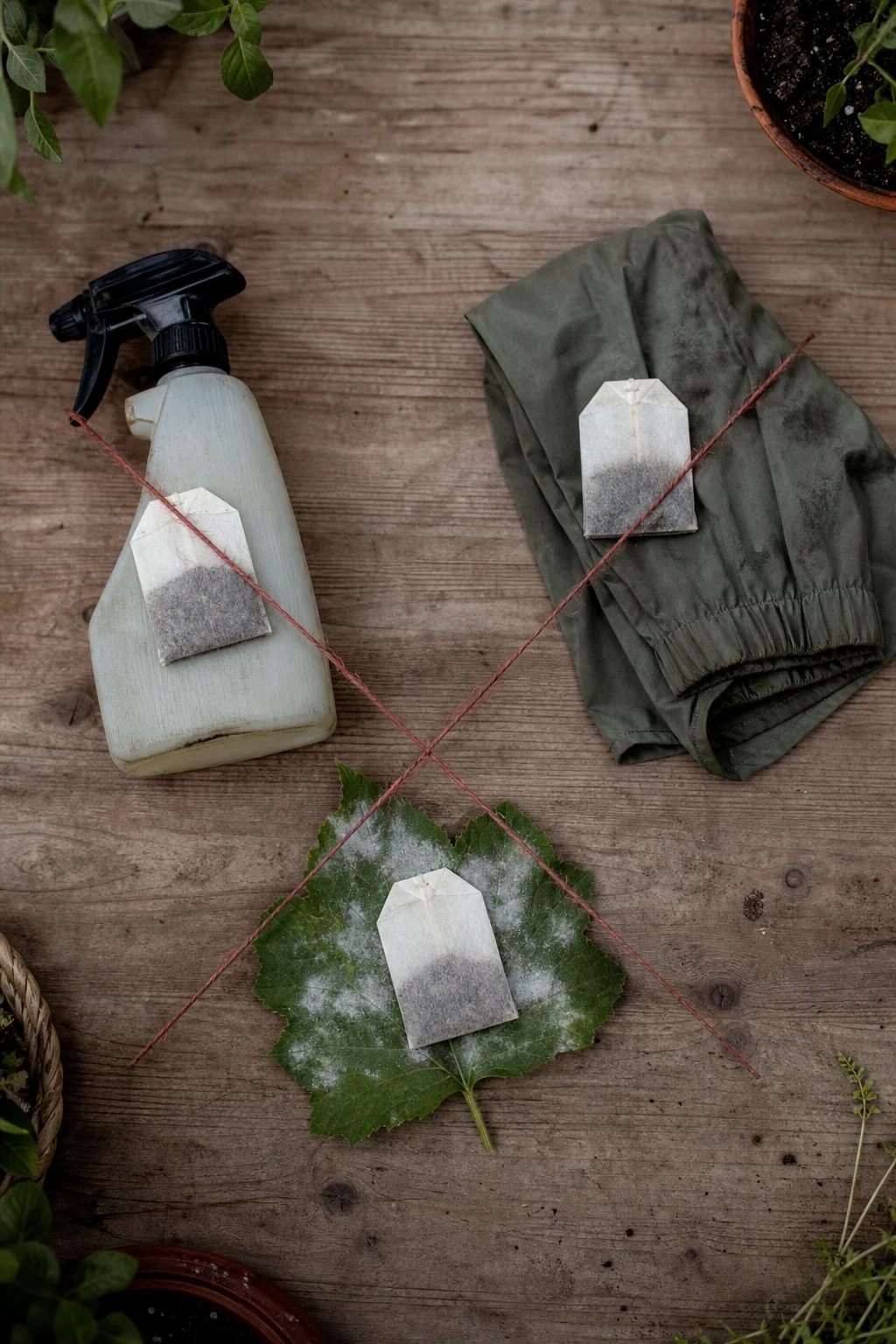 Drei gebrauchte Teebeutel mit roter Schnur durchgestrichen auf einem Holztisch: auf einer Sprühflasche, einer Pflanzentonika-Verpackung und einem Mehltau-Blatt.
