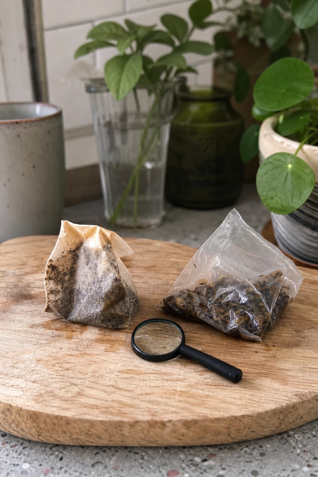 Zwei gebrauchte Teebeutel nebeneinander: links ein Papierbeutel, rechts ein durchsichtiger Plastik-Pyramidenbeutel.