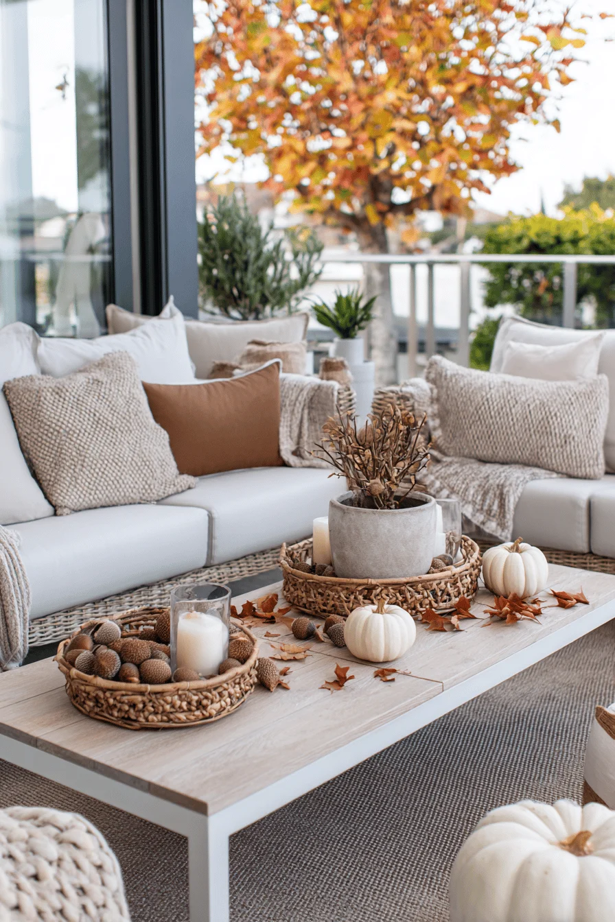 Gemütlich dekorierte Terrasse mit Kissen, Kürbissen und Naturmaterialien.