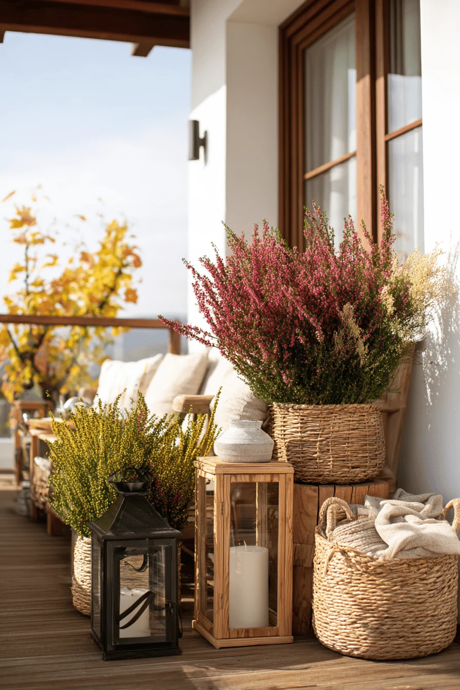 Herbstlich dekorierte Terrasse mit Heidekraut, Laternen und Korbkörben.