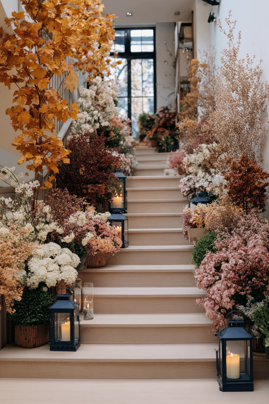 Eine Treppe dekoriert mit herbstlichen Blumenarrangements und Laternen.