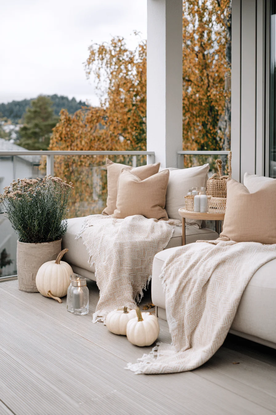 Eine gemütliche Terrasse mit herbstlicher Dekoration, beige Kissen, Decken und Kürbissen.