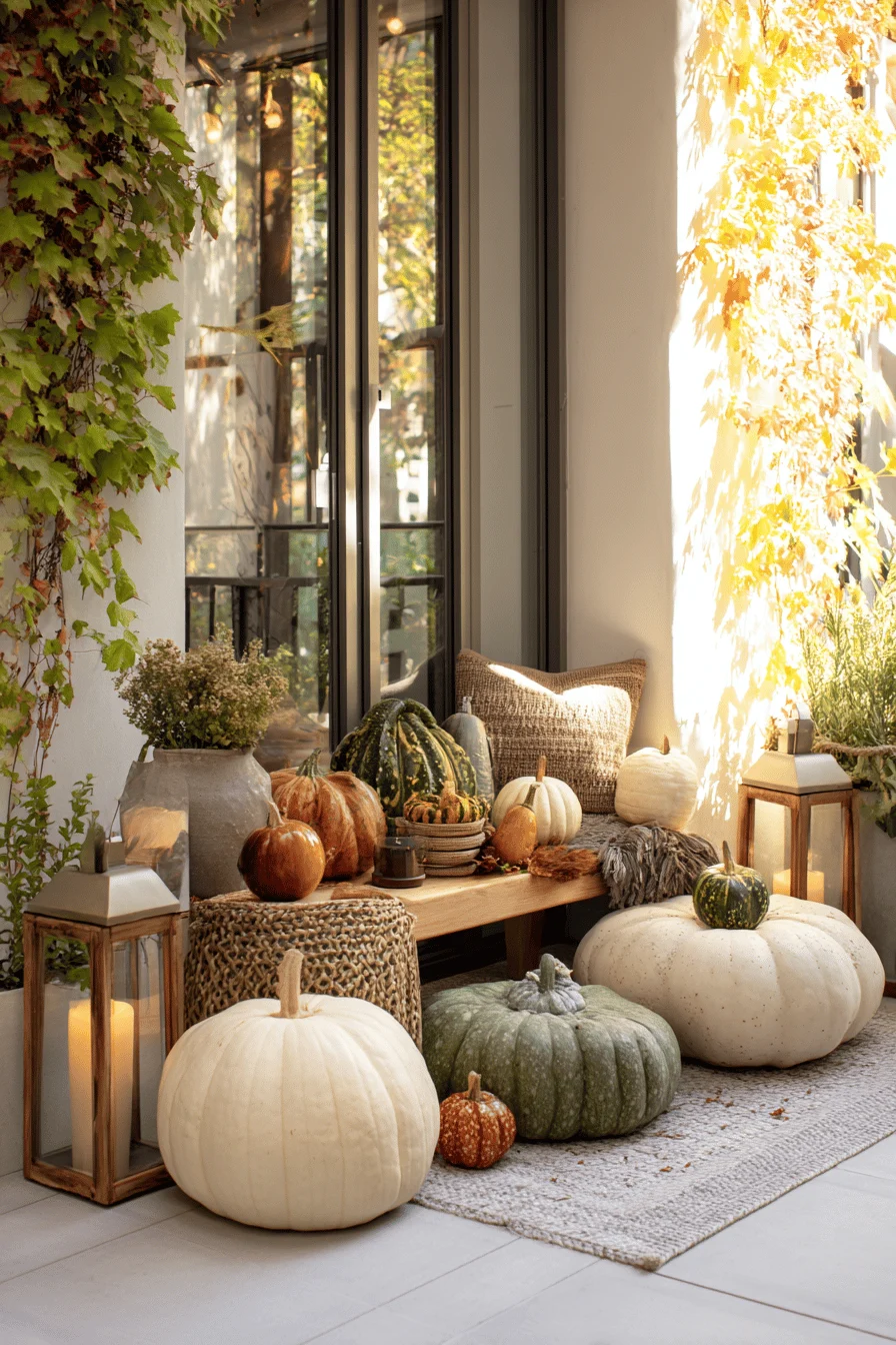 Herbstlich dekorierte Terrasse mit Kürbissen, Laternen und Pflanzen.