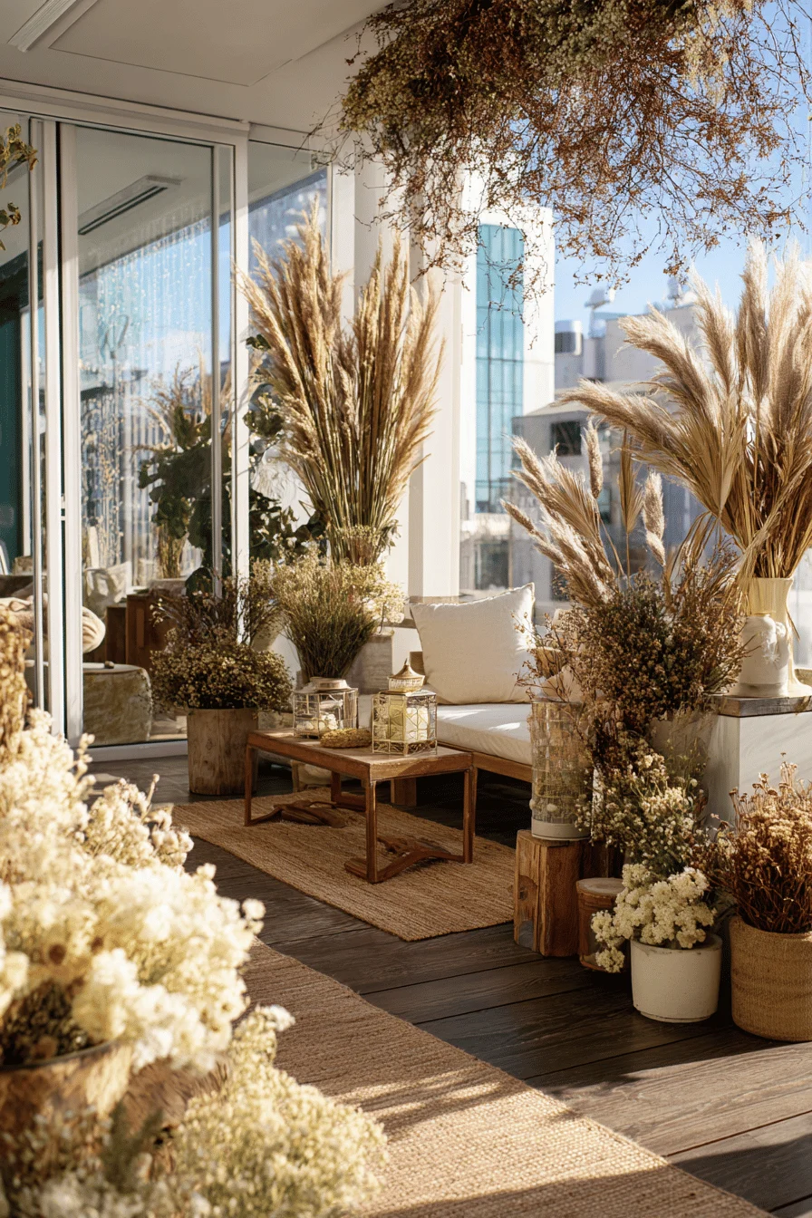 Eine herbstlich dekorierte Terrasse mit Trockenblumen und Gräsern.