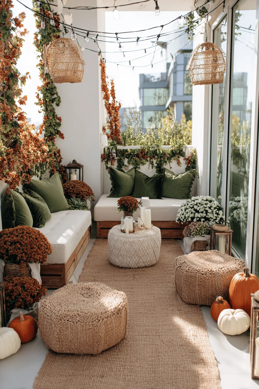 Gemütliche Terrasse mit Laternen, Lichterketten, Kürbissen und herbstlicher Dekoration.