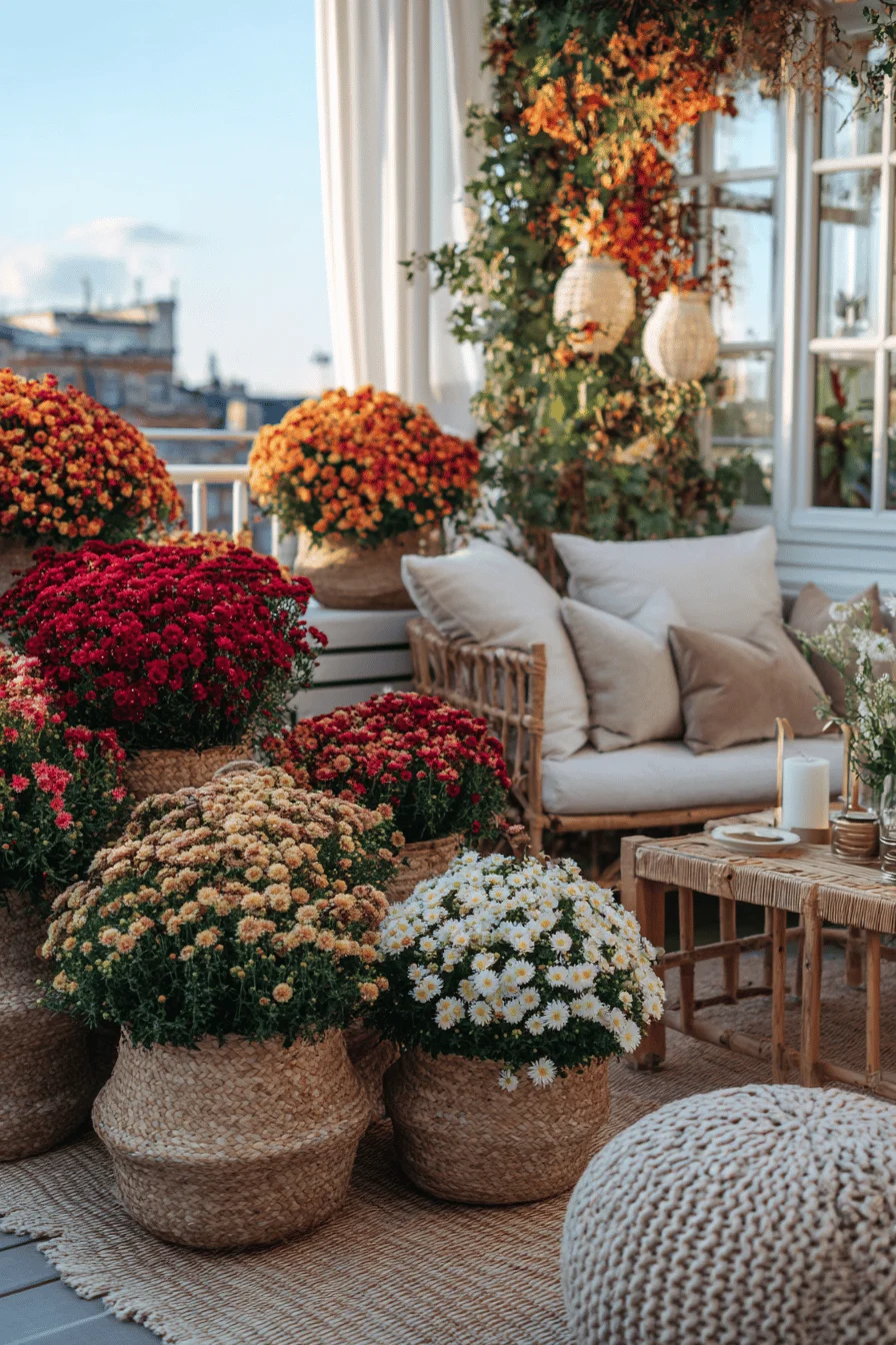 Herbstlich dekorierte Terrasse mit Chrysanthemen und bequemen Sitzmöglichkeiten.
