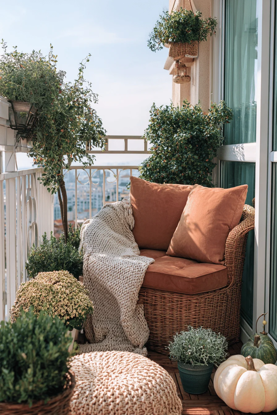 Herbstlich dekorierte Terrasse mit Korbstuhl, Kissen und Pflanzen.