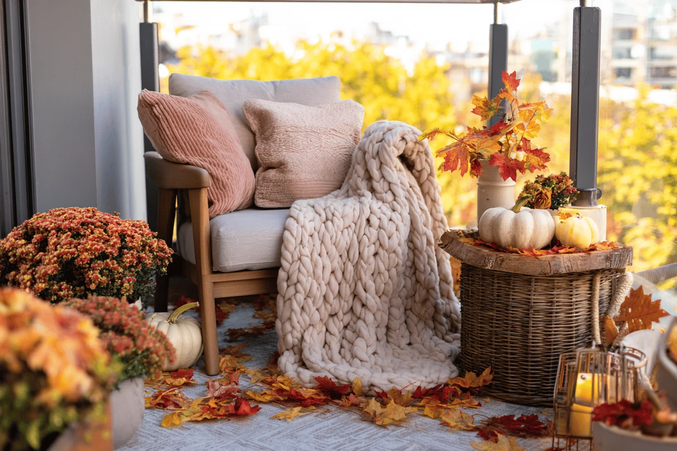 Gemütlicher Herbstbalkon mit Decke und Kürbissen.