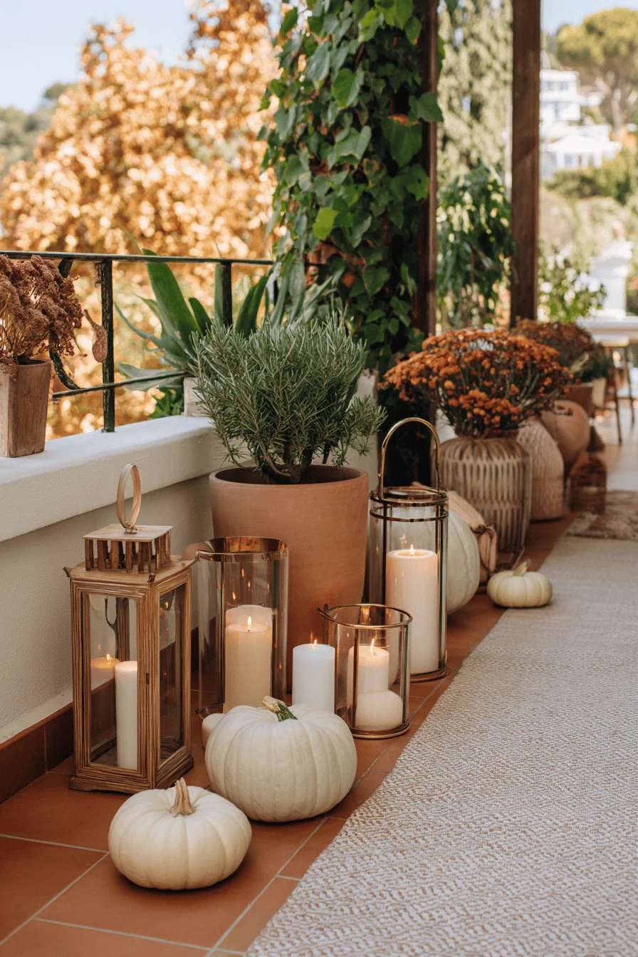 Herbstlich dekorierte Terrasse mit Laternen, Kerzen, Blumen und Kürbissen.
