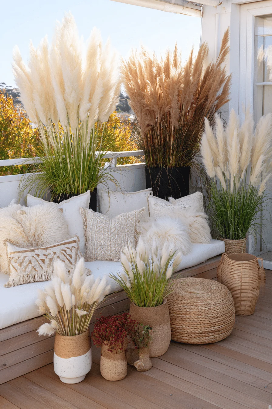Herbstlich dekorierte Terrasse mit Ziergräsern und Kissen.