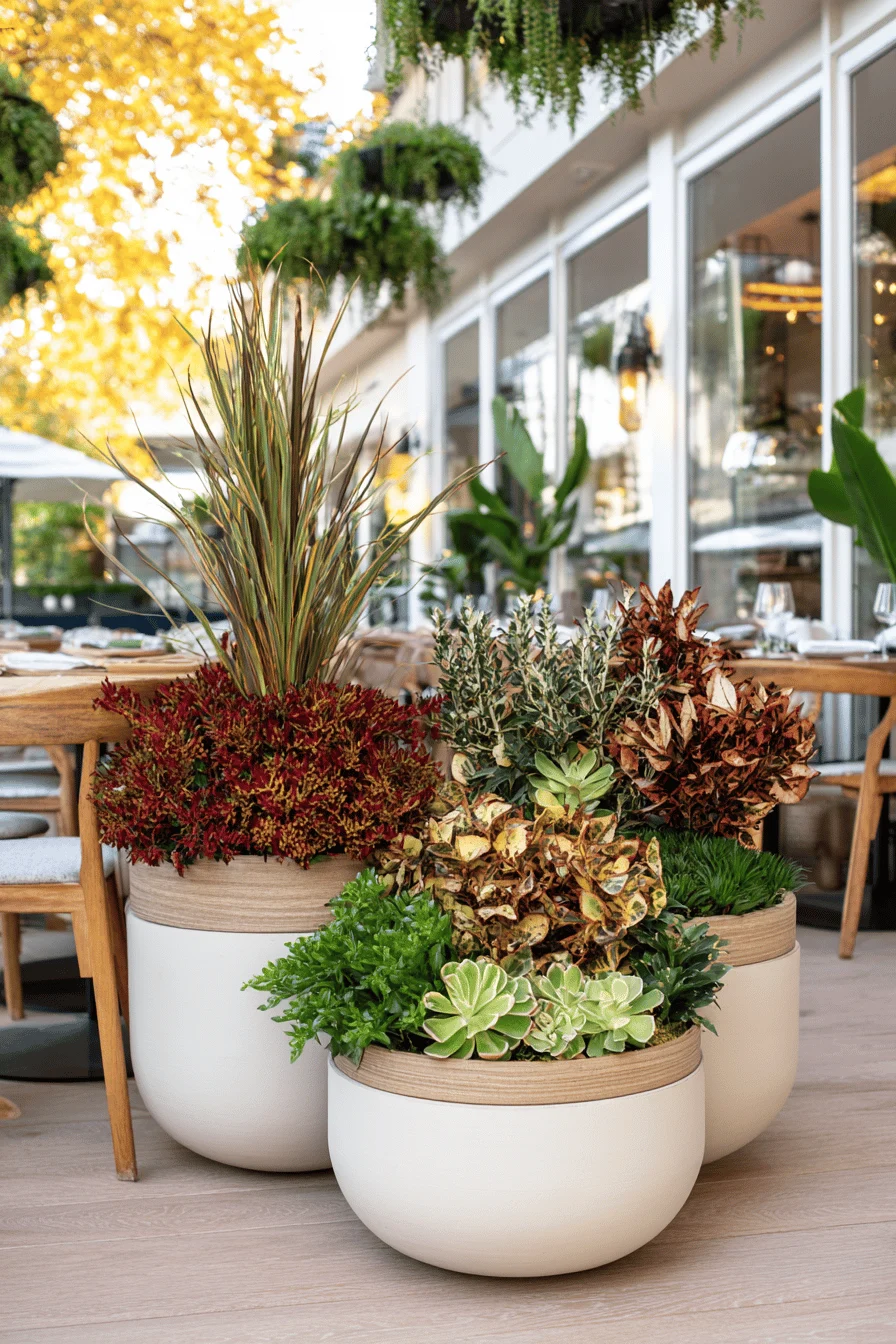 Verschiedene Pflanzen in stilvollen Töpfen auf einer herbstlich dekorierten Terrasse.