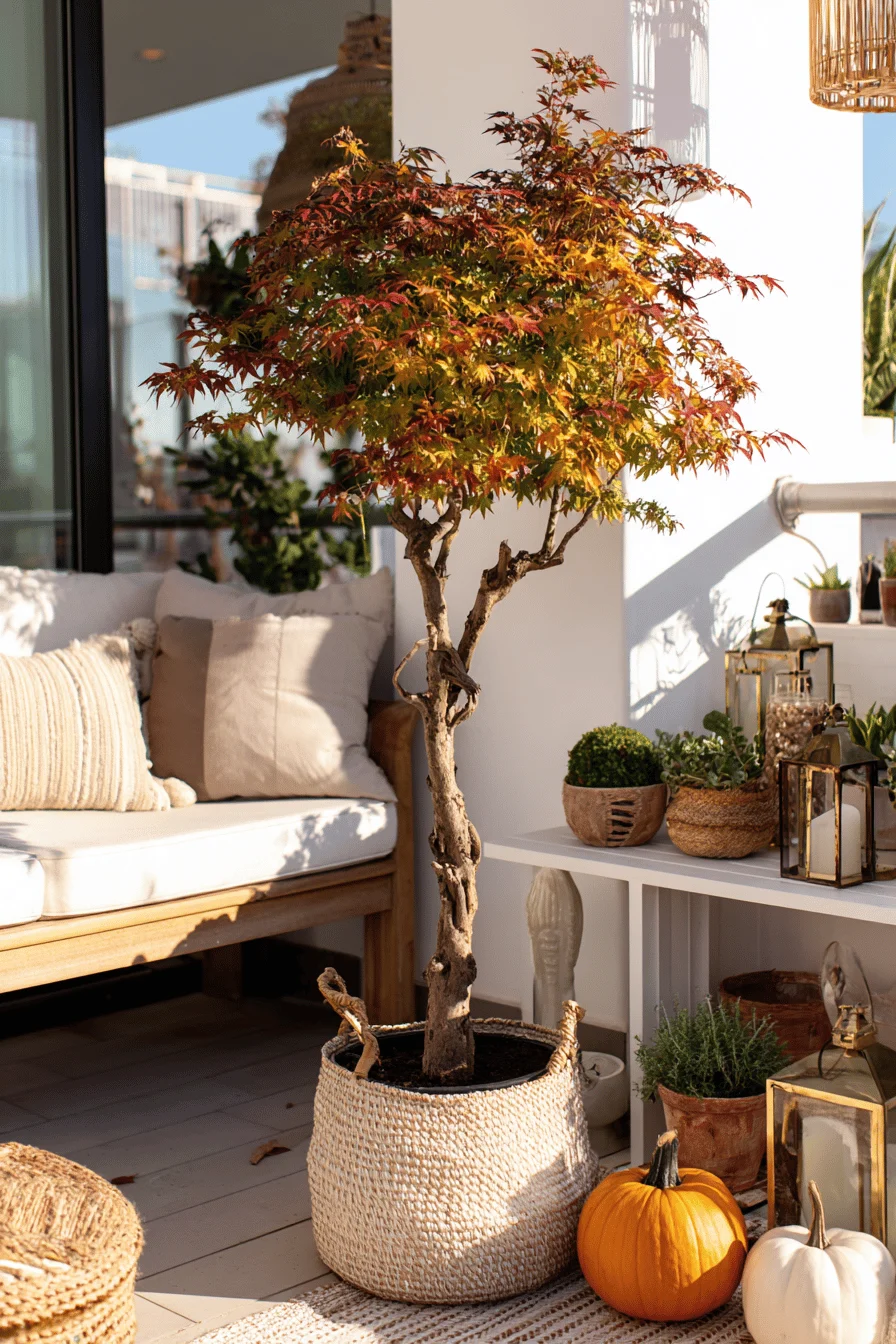 Herbstlich dekorierte Terrasse mit japanischem Ahorn im Kübel und Herbstakzenten.