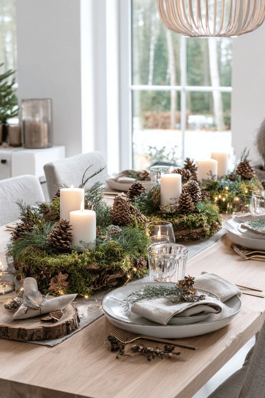 Weihnachtlich dekorierter Tisch mit Mooskränzen, Tannenzapfen und weißen Kerzen