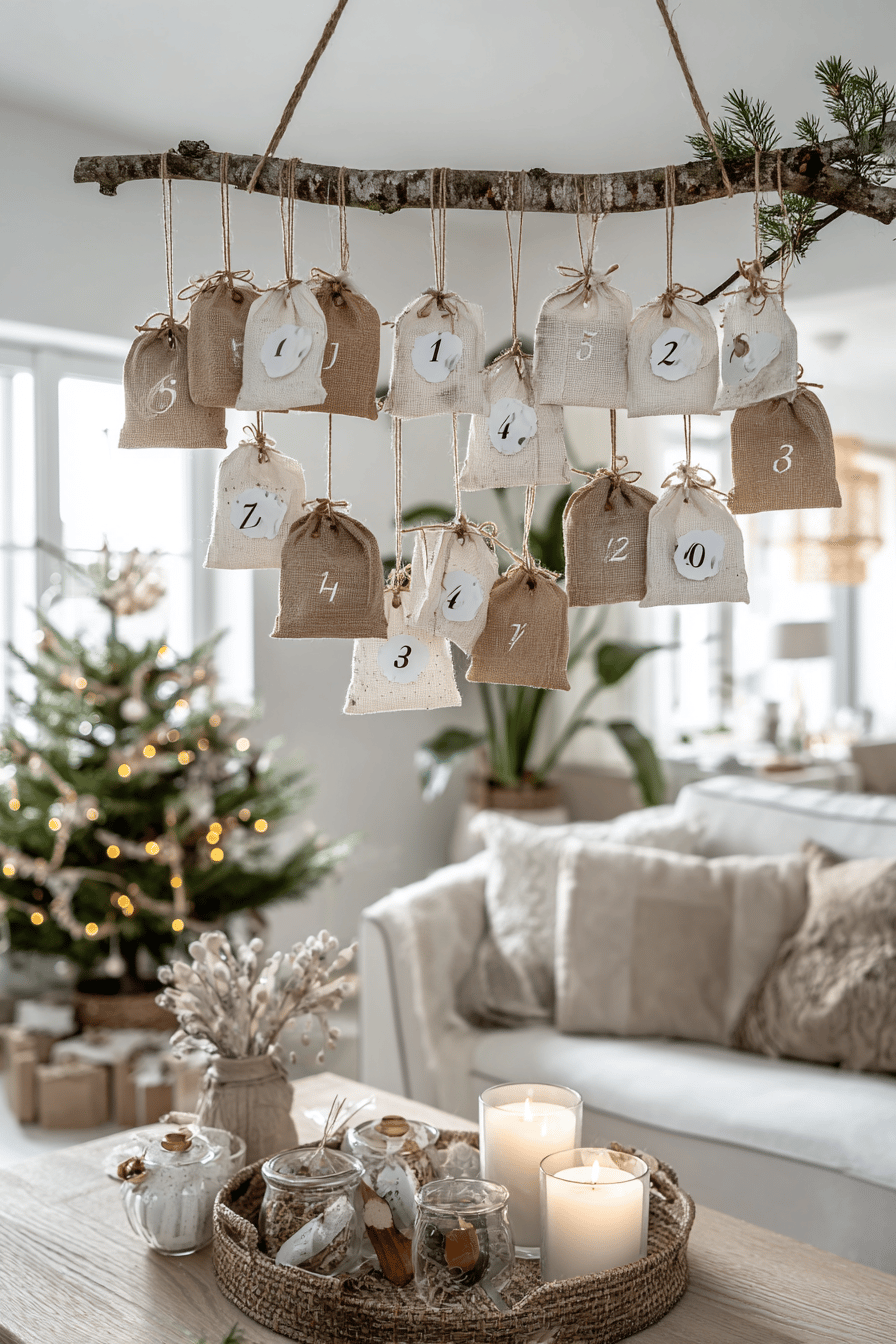 Adventskalender aus Jutesäckchen an einem Ast mit Zahlenanhängern vor weihnachtlich dekoriertem Wohnzimmer