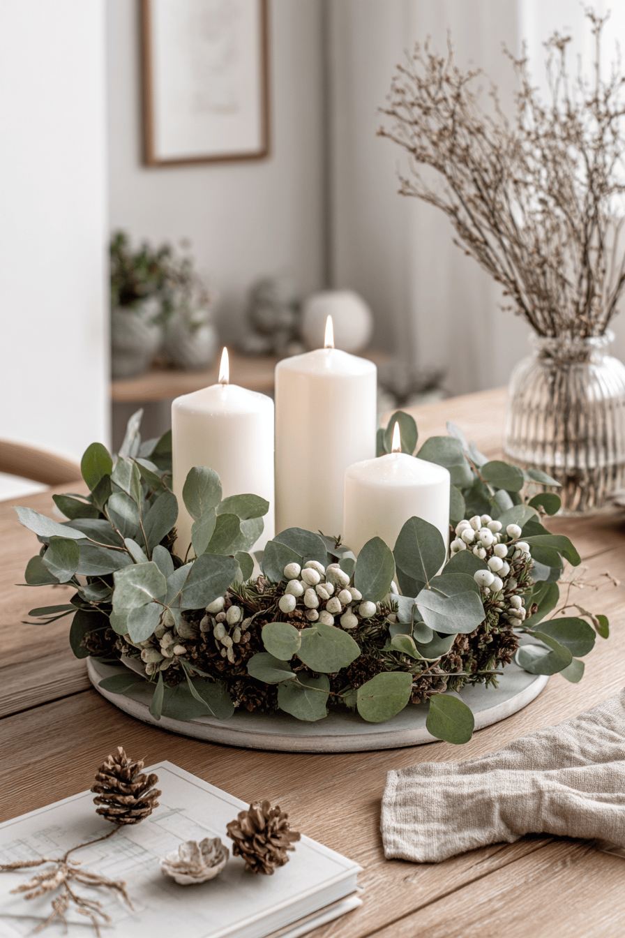 Moderner Adventskranz mit weißen Kerzen, Eukalyptusblättern und weißen Beeren auf einem Holztisch