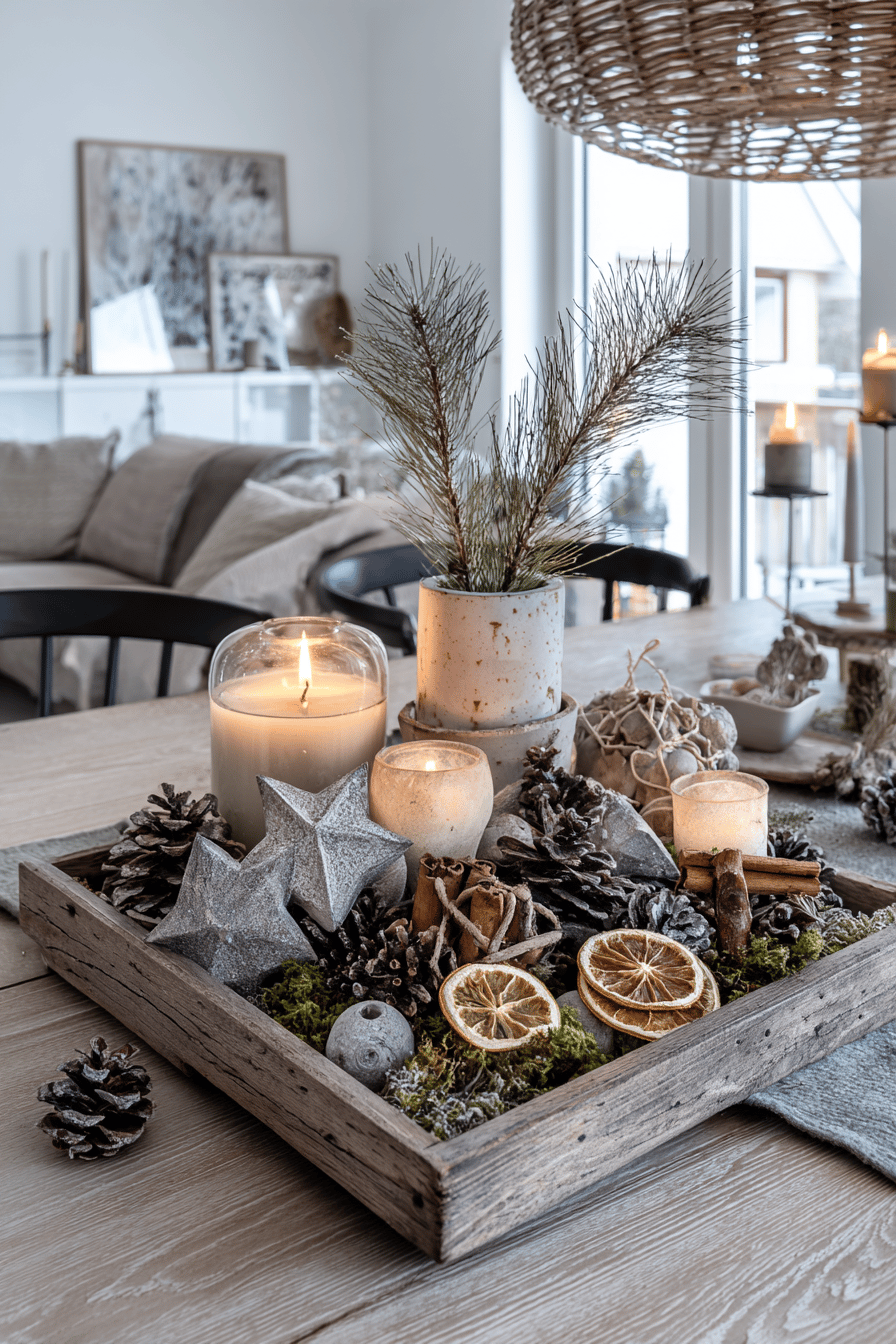 Rustikales Adventstablett mit Kerzen, Tannenzweigen, Zimtstangen, Trockenorangen und Naturmaterialien auf einem Holztisch