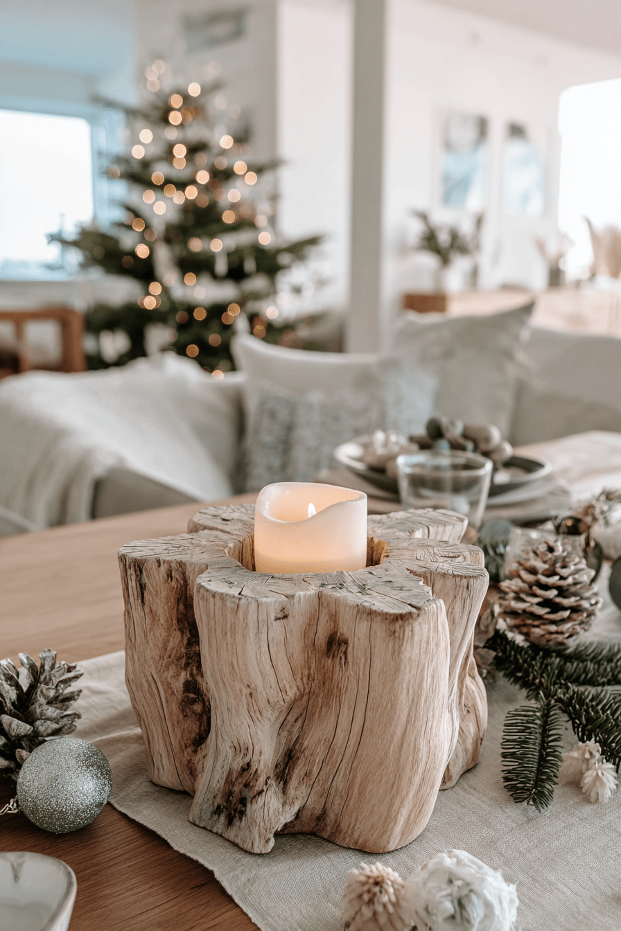 Kerzenhalter aus Baumstamm-Holz mit LED-Kerze, weihnachtlich dekoriert im Wohnzimmer