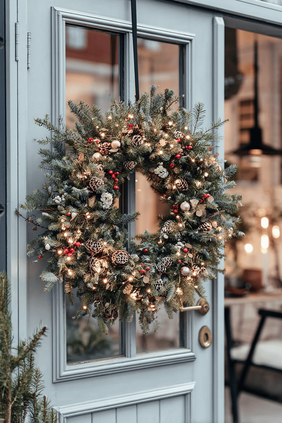 Beleuchteter Weihnachtskranz mit Tannenzweigen, Zapfen und Lichterkette an einer Haustür