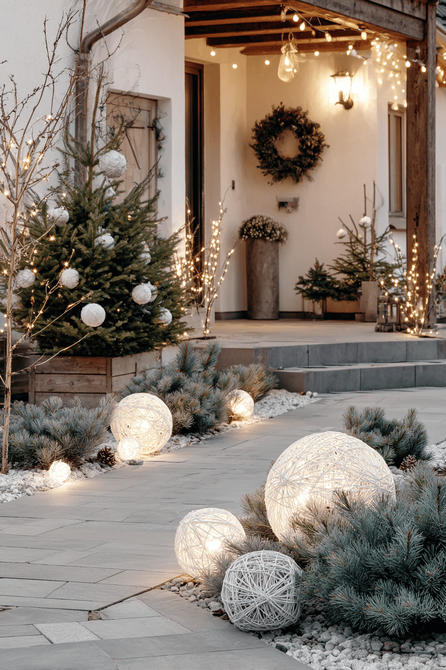 Beleuchteter Gartenweg mit dekorativen Leuchtkugeln, Tannenbäumen und warmweißer Weihnachtsbeleuchtung