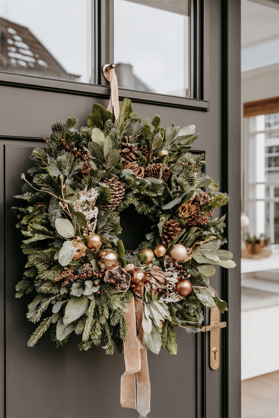 Weihnachtskranz mit Tannenzweigen, Zapfen und goldenen Kugeln an einer dunklen Haustür