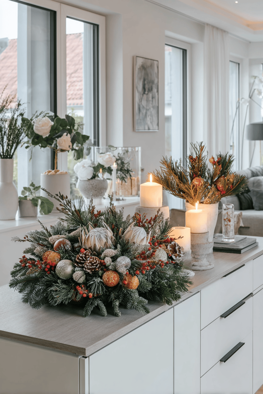 Stilvoller Weihnachtskranz mit Kugeln, Zapfen und Kerzen auf einem hellen Sideboard in modernem Wohnzimmer