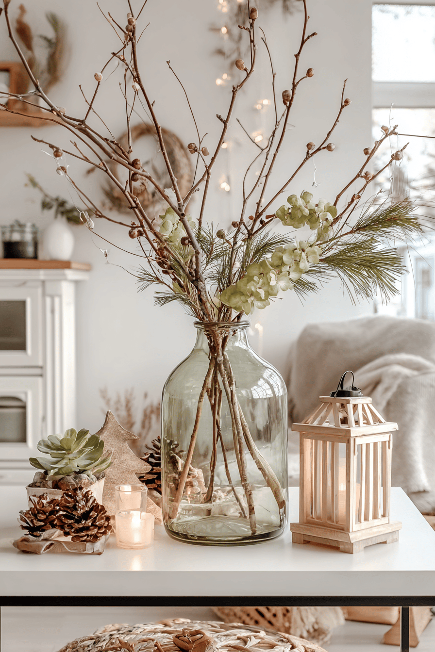 Ein dekorativer Strauß aus winterlichen Zweigen in einer Glasvase mit Tannenzweigen, Eukalyptus und einer Holzlaterne auf einem Tisch