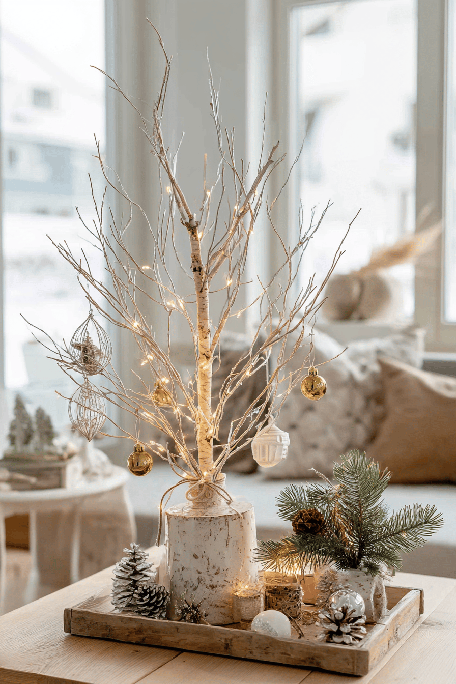 Dekorativer DIY-Weihnachtsbaum aus Zweigen mit Lichterkette und Kugeln auf winterlichem Tischarrangement.