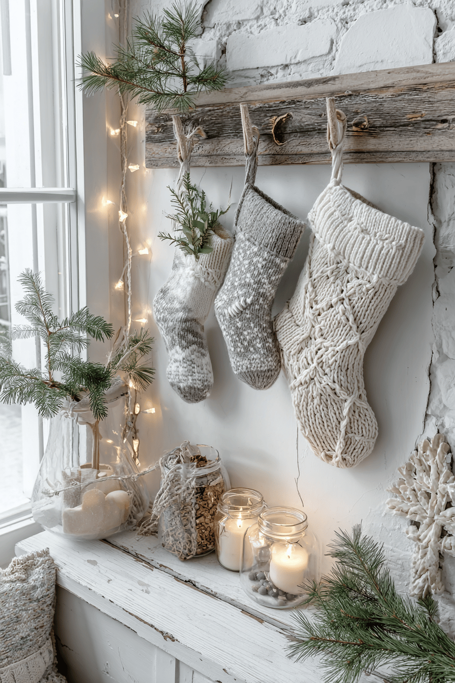Selbstgemachte Nikolausstiefel aus Strick hängen an einem rustikalen Holzbrett, umgeben von Kerzen, Tannenzweigen und winterlicher Dekoration