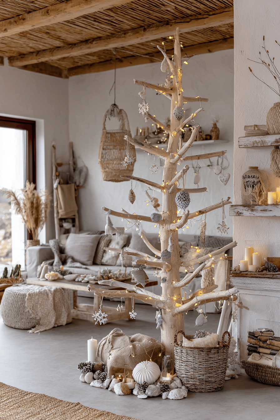 Ein dekorativer Weihnachtsbaum aus naturbelassenen Ästen, geschmückt mit Lichtern und Anhängern im skandinavischen Boho-Stil