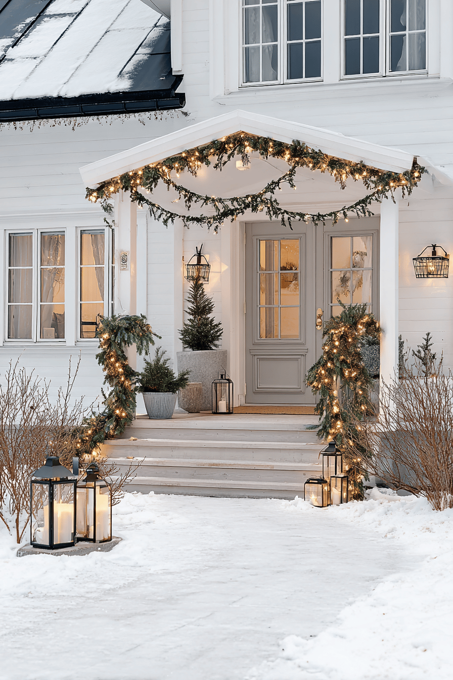 Weihnachtlich dekorierter Hauseingang mit Lichterketten, Tannengirlanden und Laternen im Schnee