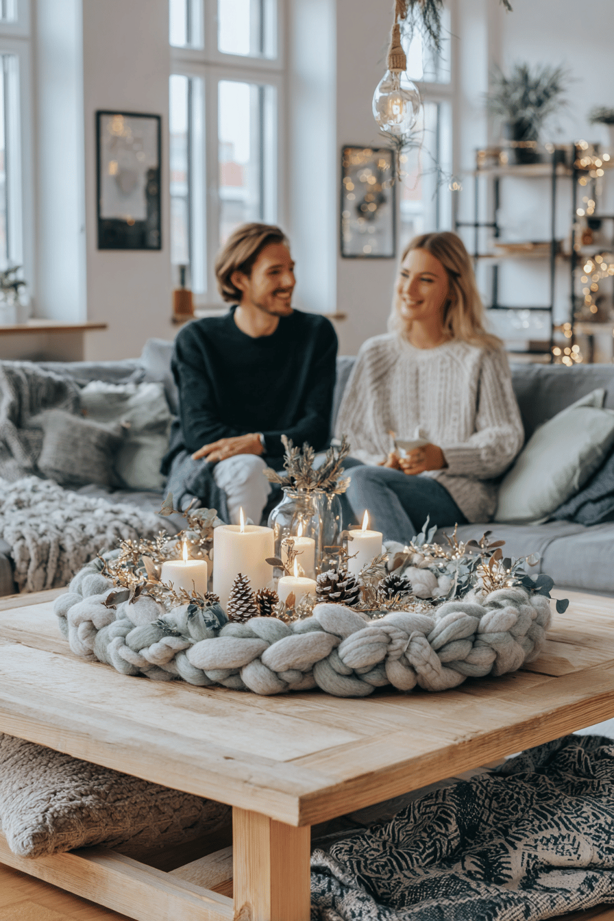 Weihnachtlich dekorierter Tisch mit selbstgemachtem Filzkranz und Kerzen, im Hintergrund ein lachendes Paar auf dem Sofa