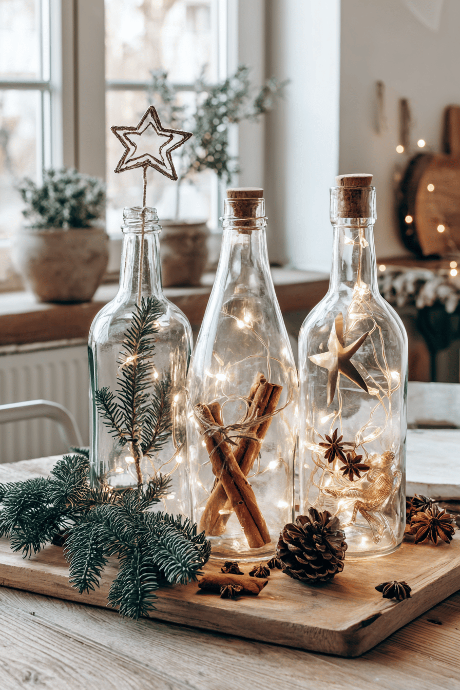 Drei Glasflaschen mit Lichterketten und weihnachtlicher Dekoration wie Zimtstangen, Tannenzweigen, Sternen und Anis auf Holztablett