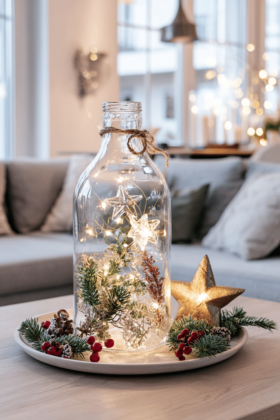 Weihnachtliche Deko mit beleuchteter Glasflasche, Tannenzweigen, goldener Sternfigur und roten Beeren auf einem Tablett
