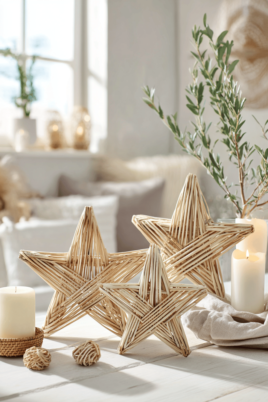 Drei geflochtene Holzsterne auf einem Tisch mit Kerzen und winterlicher Dekoration