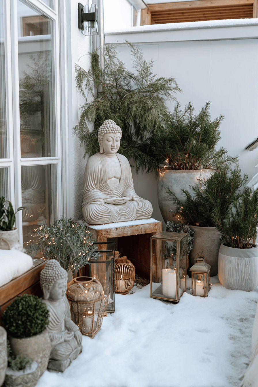 Buddha-Gartenfigur und Winterpflanzen auf verschneiter Terrasse mit Laternen
