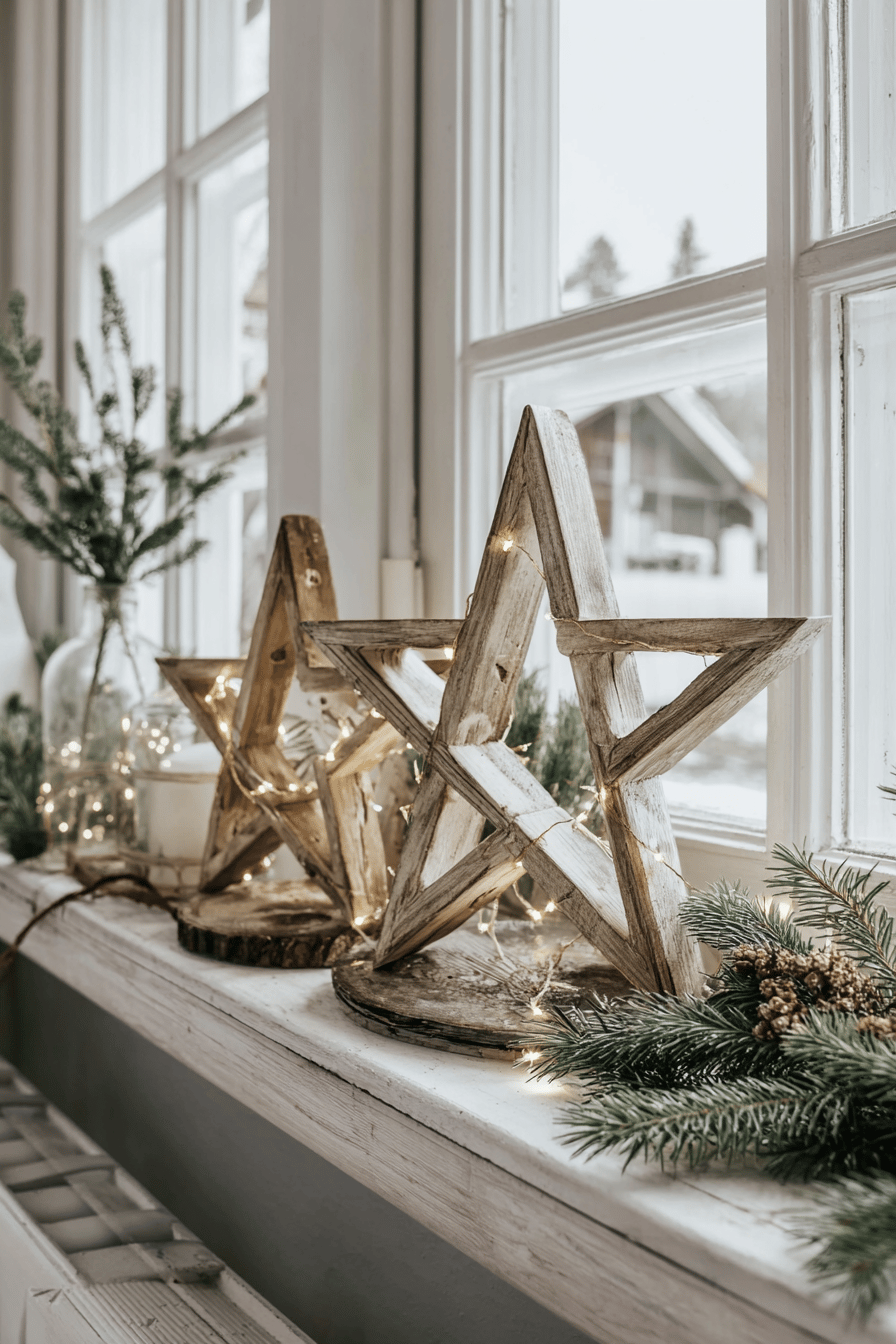Zwei große, goldene Holzsterne mit Lichterkette auf einem weißen Fensterbrett mit Tannenzweigen