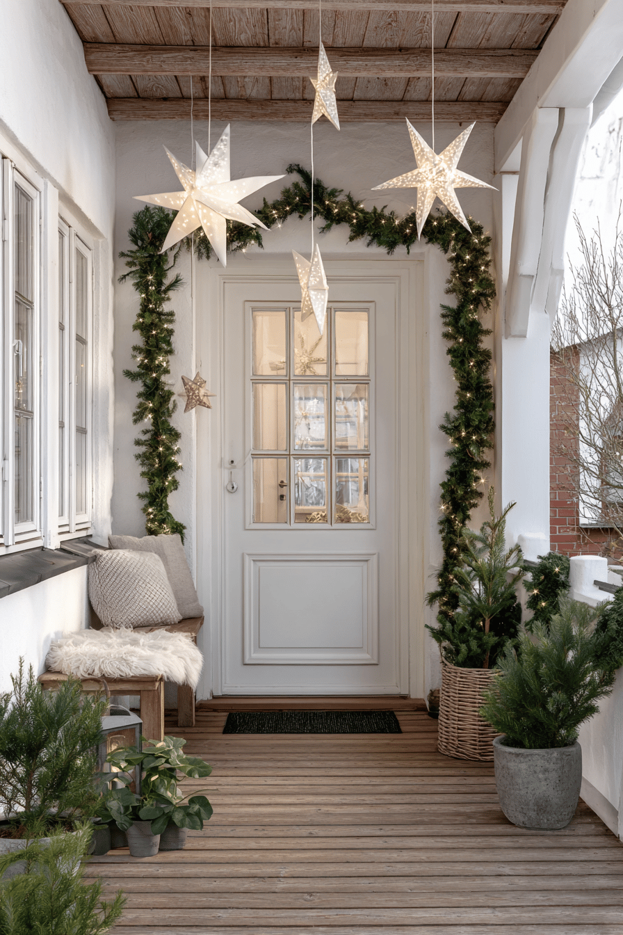 Weihnachtlich dekorierter Hauseingang mit leuchtenden Papiersternen, Tannengirlanden und kleinen Tannenbäumen
