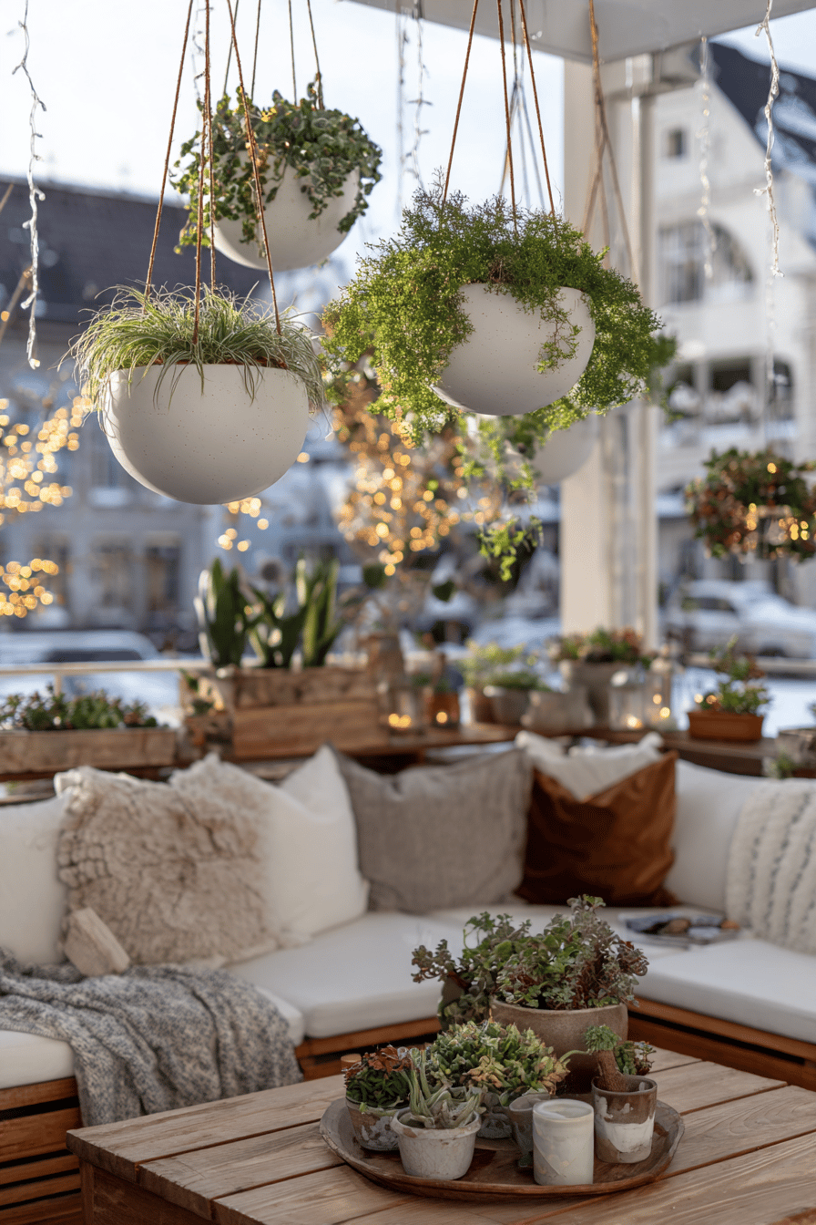 Hängende Pflanzgefäße mit winterlichen Grünpflanzen über einer gemütlich dekorierten Terrasse mit Lichterketten