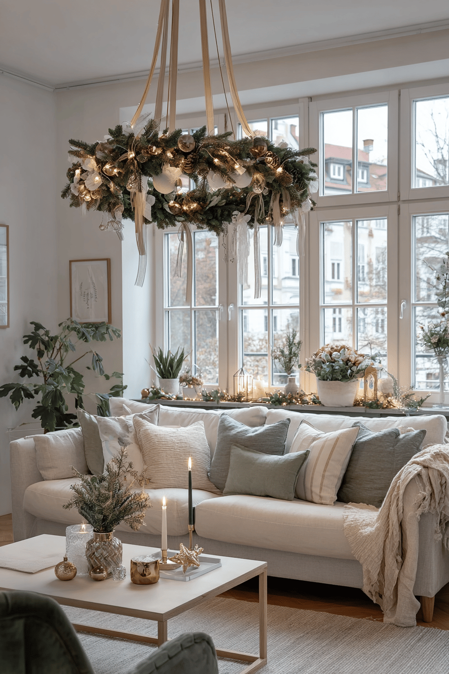 Ein großer, festlich geschmückter Weihnachtskranz hängt über dem Wohnzimmertisch in einem gemütlich dekorierten Raum.