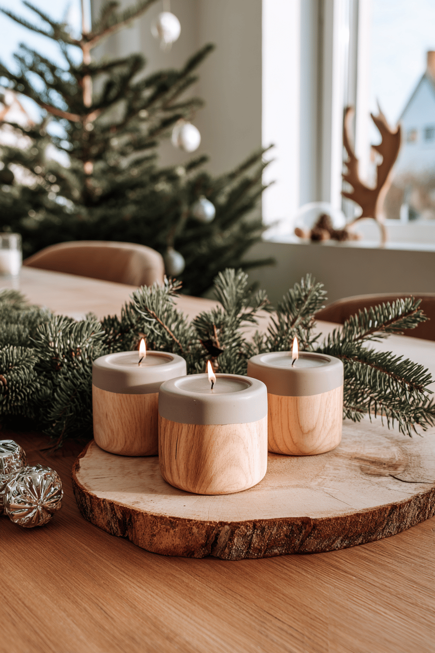 Drei Holzkerzenhalter mit brennenden Kerzen auf Holzbrett, umgeben von Tannenzweigen und weihnachtlicher Dekoration